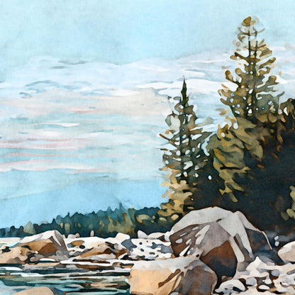 Close-up watercolor painting of a rocky riverbank framed by tall pine trees under a soft blue sky with pink and white clouds. The scene captures sunlight on smooth stones and calm turquoise water, blending earthy browns and greens with gentle pastel tones for a peaceful, natural atmosphere.