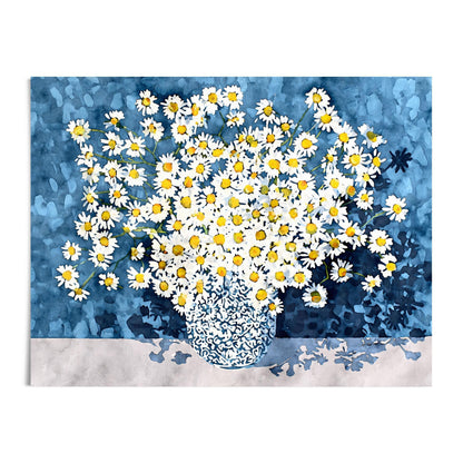 Watercolor-style artwork of a bouquet of white daisies with yellow centers in a blue patterned vase, set against a textured deep blue background with a soft gray tabletop. The floral arrangement fills the composition with bright, cheerful contrast.