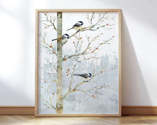 Watercolor-style print of a bare winter tree with three small chickadees perched on thin branches. Soft gray-blue background suggests snowfall, with scattered orange berries adding warmth. The artwork is displayed in a light wood frame leaning against a wall on a hardwood floor.
