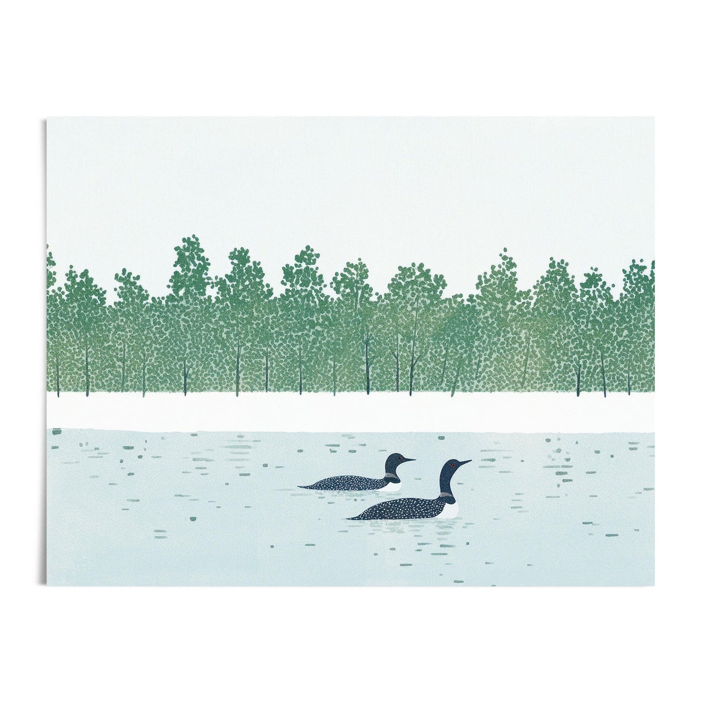 Unframed art print featuring two common loons gliding across a calm lake, with a dense row of stylized green trees lining the distant shore. The design is minimalist and textured, evoking a peaceful woodland scene with a soft, hand-printed look.