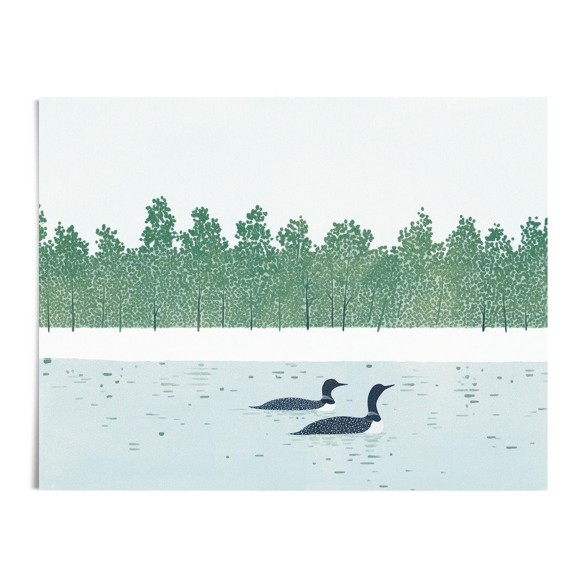 Unframed art print featuring two common loons gliding across a calm lake, with a dense row of stylized green trees lining the distant shore. The design is minimalist and textured, evoking a peaceful woodland scene with a soft, hand-printed look.