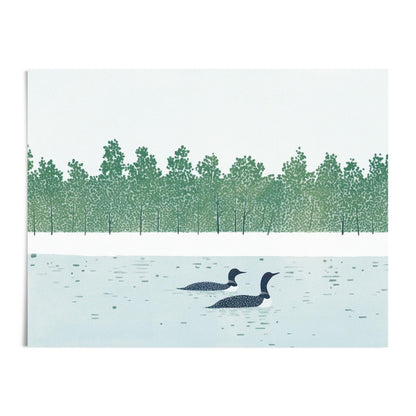 Unframed art print featuring two common loons gliding across a calm lake, with a dense row of stylized green trees lining the distant shore. The design is minimalist and textured, evoking a peaceful woodland scene with a soft, hand-printed look.