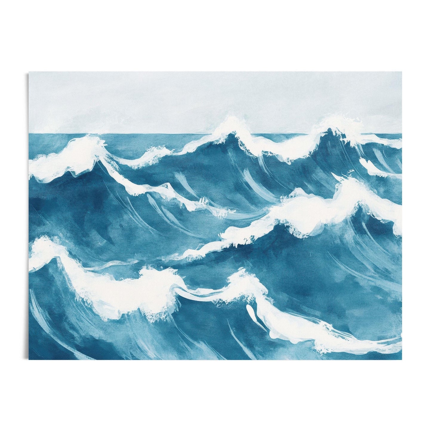 Watercolor painting of ocean waves in rich shades of blue, featuring curling crests and white foam against a soft horizon. The rhythmic motion and painterly texture evoke a sense of calm and coastal energy.