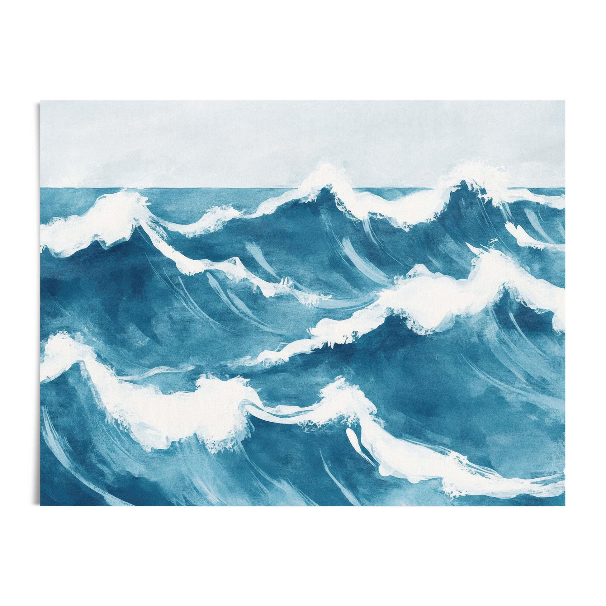 Watercolor painting of ocean waves in rich shades of blue, featuring curling crests and white foam against a soft horizon. The rhythmic motion and painterly texture evoke a sense of calm and coastal energy.