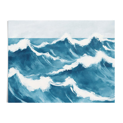 Watercolor painting of ocean waves in rich shades of blue, featuring curling crests and white foam against a soft horizon. The rhythmic motion and painterly texture evoke a sense of calm and coastal energy.