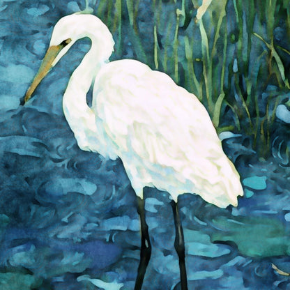 Close-up detail of a white egret in a watercolor-style painting, standing in shallow blue water with tall green grasses in the background. The bird’s slender black legs and long yellow beak contrast with its soft white feathers, highlighted against the rippling water.