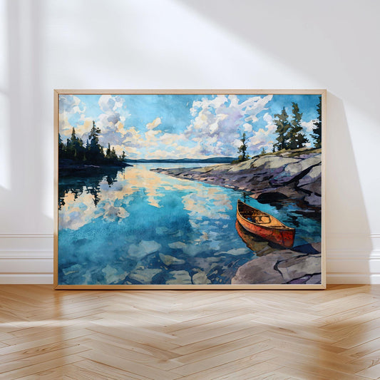 Framed painting of a serene lake scene featuring a red canoe resting against rocky shoreline, with reflections of clouds and pine trees mirrored in the calm blue water under a glowing sky.