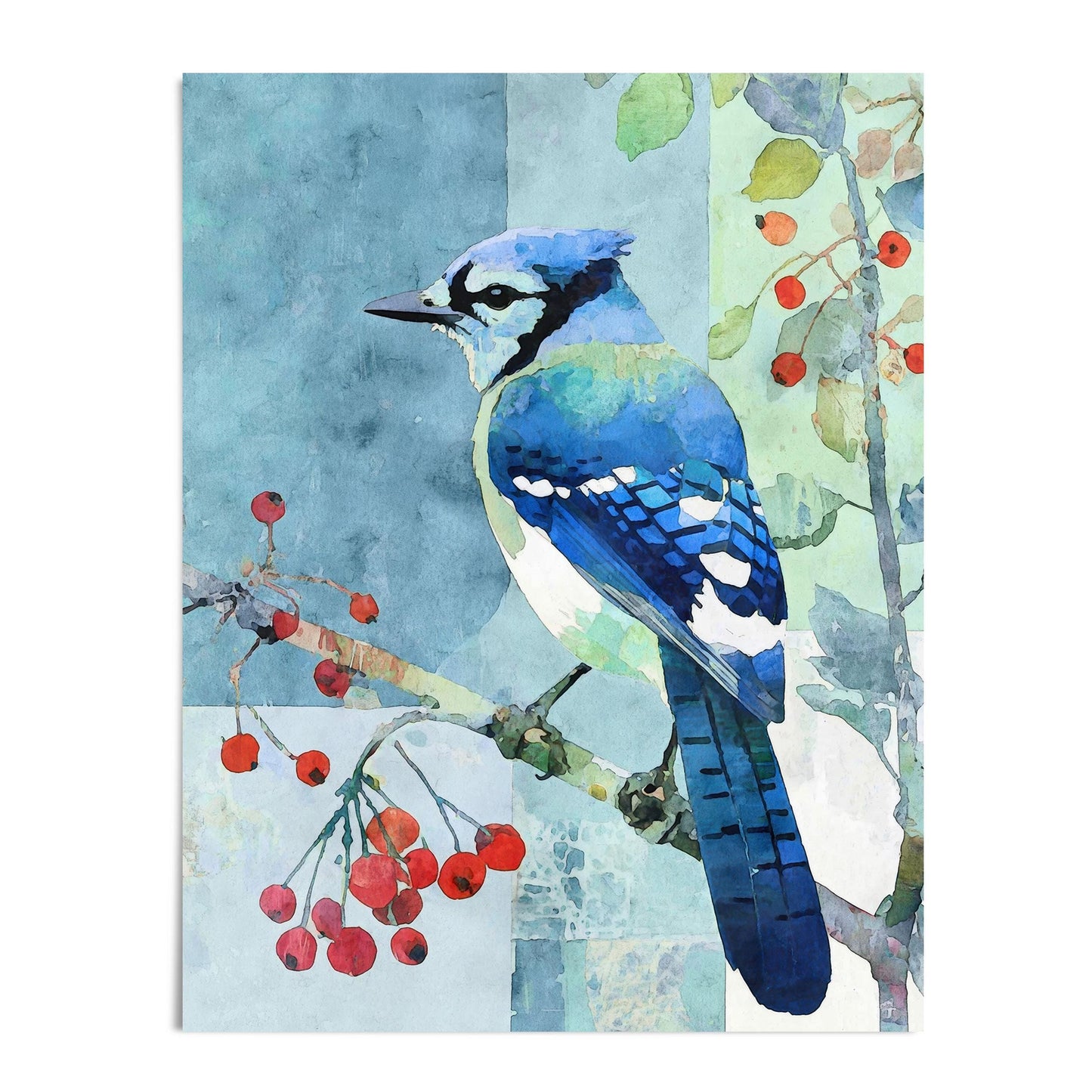 Watercolor-style painting of a blue jay perched on a branch with clusters of red berries. The bird’s vivid blue and turquoise feathers stand out against a softly textured patchwork background in shades of teal, mint, and pale blue. The artwork blends natural detail with geometric abstraction, creating a serene and modern nature-inspired composition ideal for wall art.
