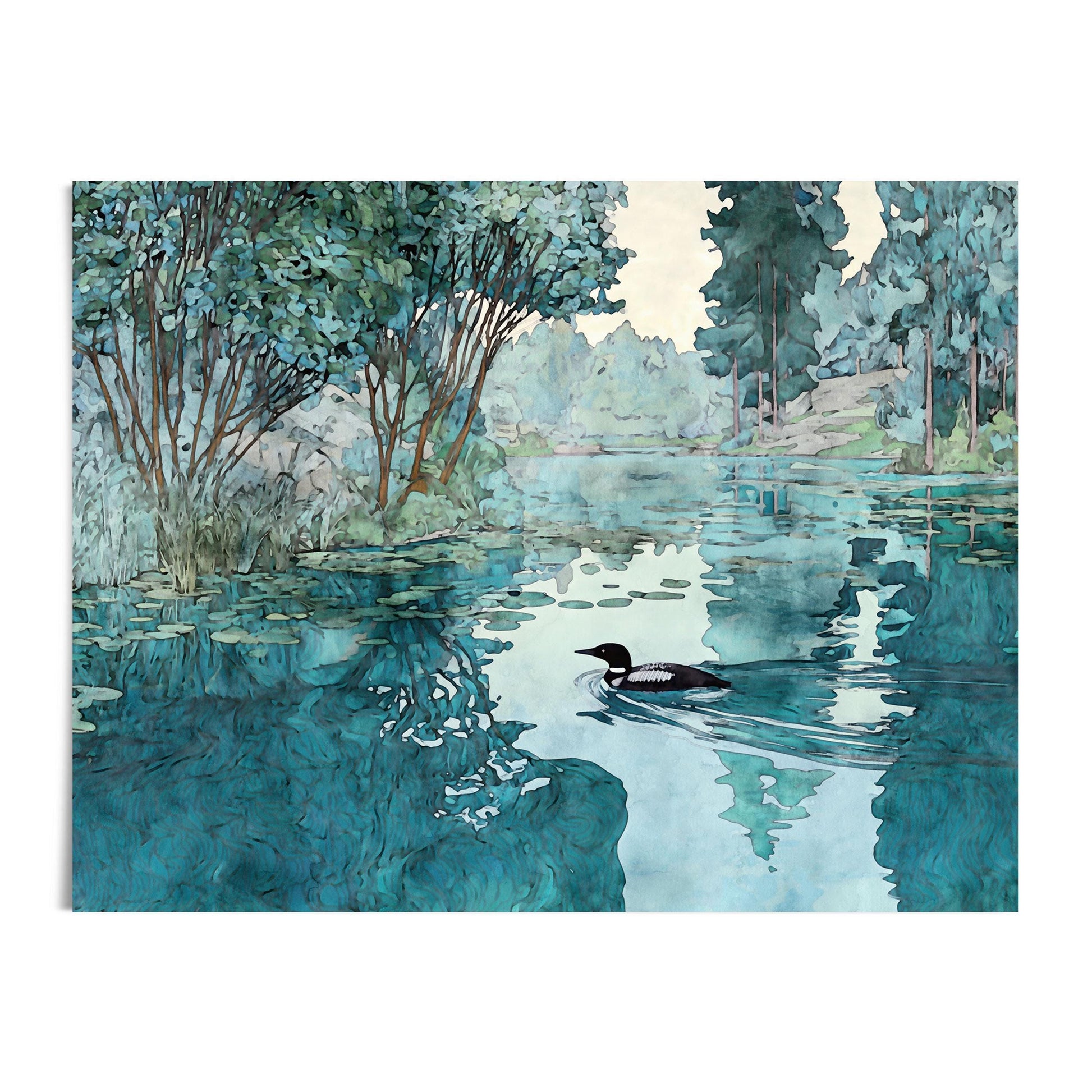 Art print of a loon swimming across a calm lake with teal-blue water, lily pads, and reflections of trees, framed by lush greenery and distant forest in a soft, painterly style.