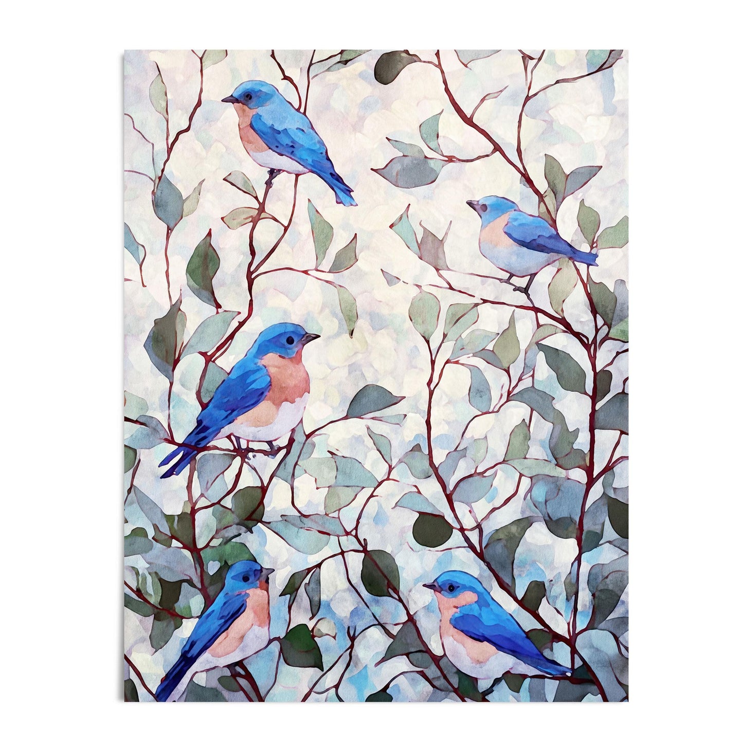 Watercolor painting of five bluebirds perched on thin reddish-brown branches with soft green and teal leaves. The birds have vivid blue backs, peach chests, and white underbellies, set against a light, dappled background of pale blues and creams. The composition feels airy and balanced, evoking a calm, nature-inspired atmosphere.