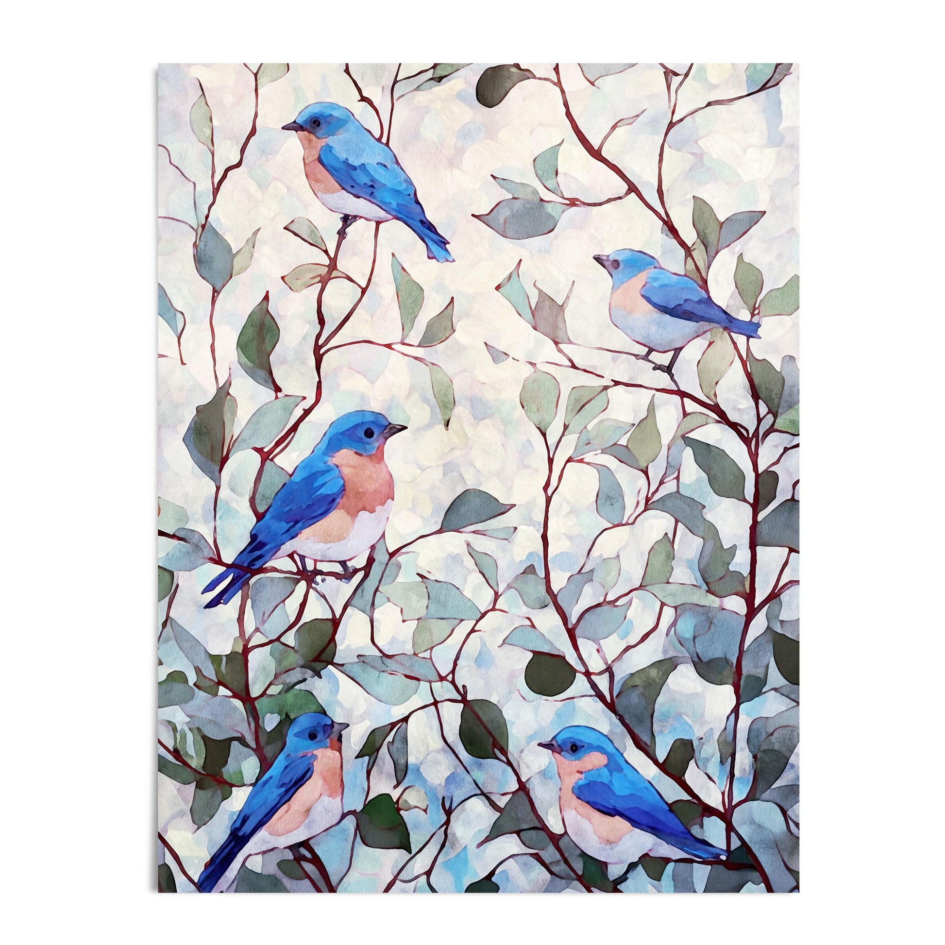 Watercolor painting of five bluebirds perched on thin reddish-brown branches with soft green and teal leaves. The birds have vivid blue backs, peach chests, and white underbellies, set against a light, dappled background of pale blues and creams. The composition feels airy and balanced, evoking a calm, nature-inspired atmosphere.