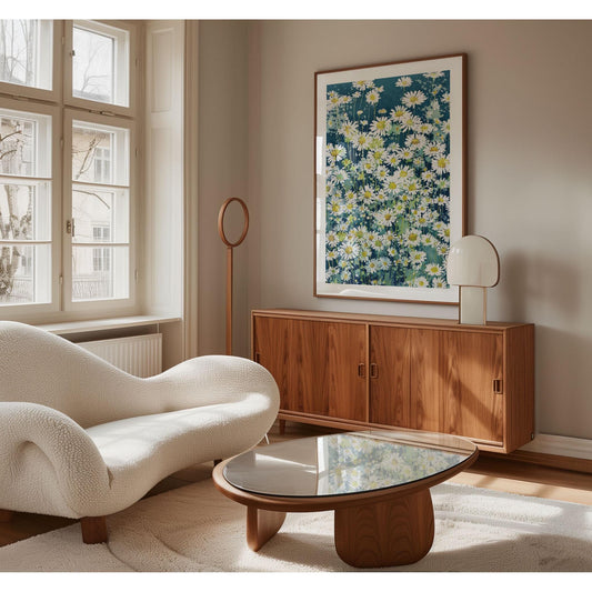 Large framed floral art print featuring white daisies with yellow centers on a deep teal background, leaning against a beige wall in a sunlit minimalist room. The space includes a low wooden bed with a tan blanket, a floor cushion, a ceramic mug, and soft natural light streaming through tall windows.