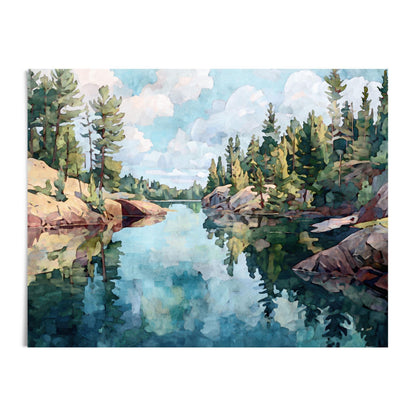 Watercolor-style landscape painting of a northern Minnesota lake with calm blue-green water reflecting pine trees, rocky shorelines, and a cloudy sky. The scene captures a peaceful wilderness view with soft, impressionistic brushstrokes in greens, blues, and earthy tones against a white background.