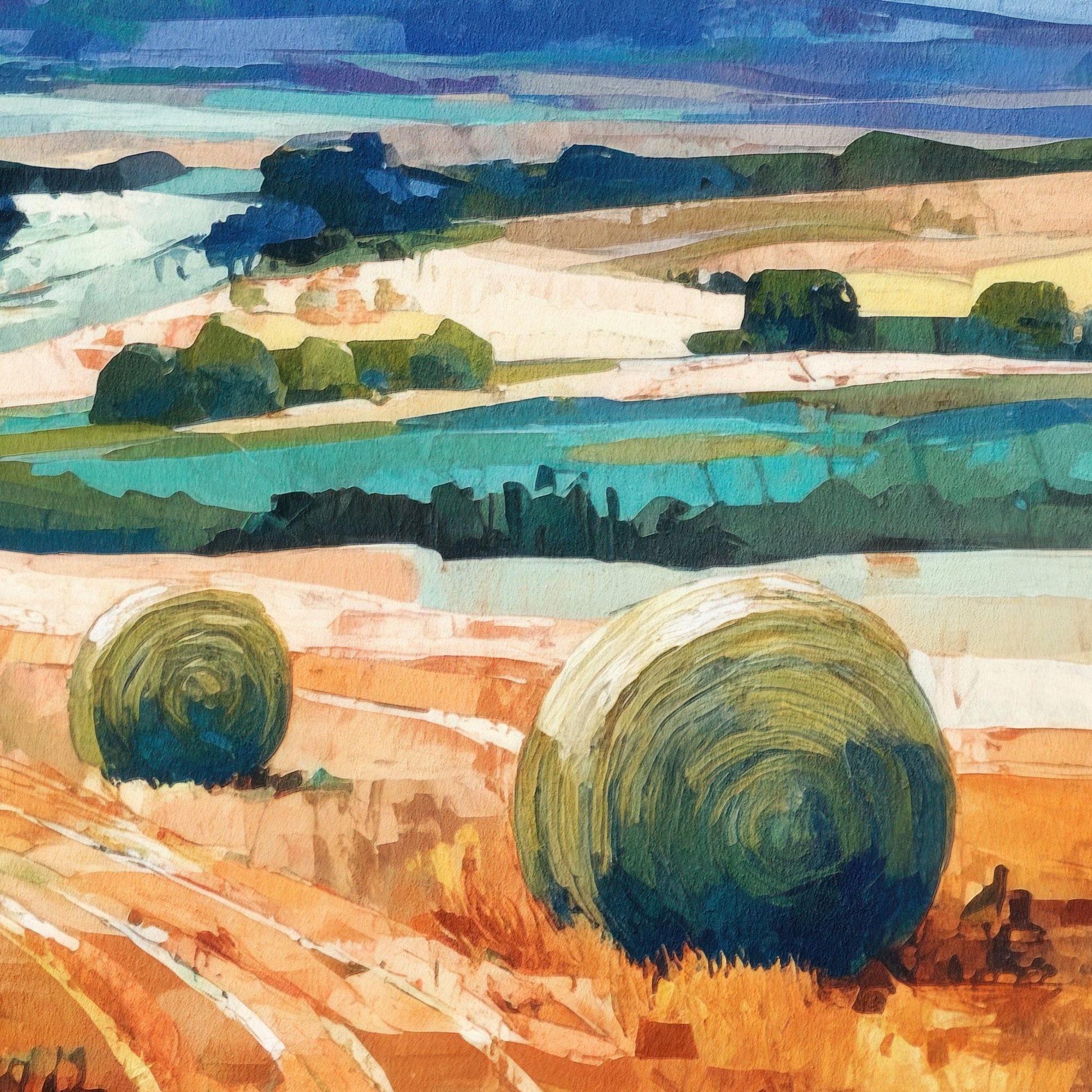 Close-up of an impressionist-style countryside painting showing golden fields with large round hay bales in the foreground. Rolling hills in shades of teal, green, and blue stretch into the distance with scattered clusters of dark trees.