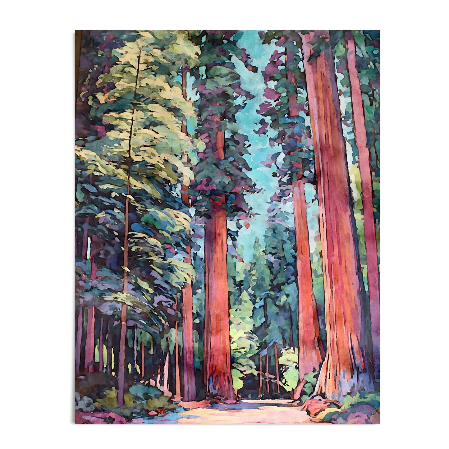 Vibrant impressionist-style painting of a redwood forest, featuring towering trees with reddish bark and lush green foliage against a bright blue sky. The sunlit forest path draws the eye into the depth of the scene, blending bold brushstrokes of teal, purple, and gold.