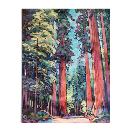 Vibrant impressionist-style painting of a redwood forest, featuring towering trees with reddish bark and lush green foliage against a bright blue sky. The sunlit forest path draws the eye into the depth of the scene, blending bold brushstrokes of teal, purple, and gold.