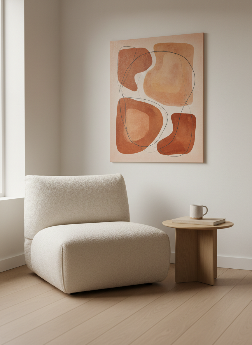 A single, medium-sized piece of contemporary art featuring warm terracotta shapes and soft charcoal lines hangs over a small reading nook. Below it, a plush armchair in textured cream fabric sits angled toward a low wooden side table with a simple stoneware mug and a closed book. The wall is painted a gentle warm white, and the floor is pale oak. Diffused overcast daylight enters from the left, giving the scene a serene, even illumination with subtle shadows. Shot from a slightly elevated, three-quarter angle with a shallow depth of field that keeps the artwork in crisp focus while the foreground softens. The photographic composition feels intimate, cozy, and sophisticated, showcasing how art can define a corner of home.
