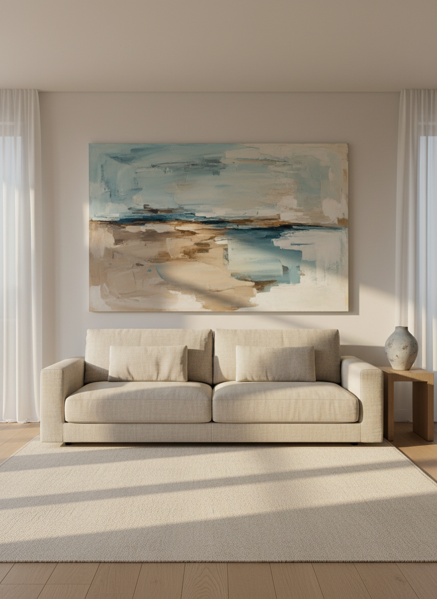 A large, abstract painting with soft, overlapping fields of muted blues, warm taupes, and gentle cream tones hangs above a low-profile linen sofa in a modern living room. The canvas has visible brush texture and a slightly matte finish, catching subtle highlights. The room features a light oak floor, a simple wool rug, and a single ceramic vase on a narrow console, with minimal clutter. Late afternoon natural light filters through sheer curtains, casting calm, elongated shadows. Photographed at eye level with a slightly wide angle, the composition follows the rule of thirds, emphasizing how the art anchors the space. The mood is sophisticated, welcoming, and quietly luxurious, rendered in clean, photographic realism.