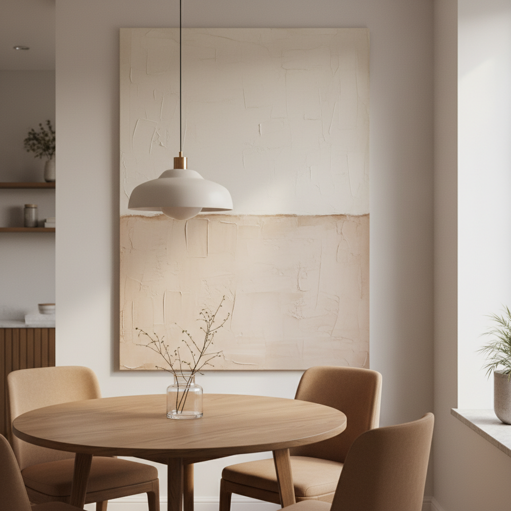 An intimate dining area features a round wooden table with a smooth, natural finish centered beneath a large, softly geometric canvas in layered creams, sand tones, and muted blush. The artwork’s surface shows delicate knife marks and subtle variations in texture. Around the table, simple upholstered chairs in warm neutral fabric maintain an uncluttered look; the tabletop holds only a single clear glass vase with a few branches. Warm pendant lighting above casts a gentle, downward glow, while faint natural light from a side window adds soft ambient fill. Captured at eye level with an asymmetrical composition, the photograph balances the artwork and table, creating a mood of quiet conversation, belonging, and sophisticated comfort in a modern home setting.