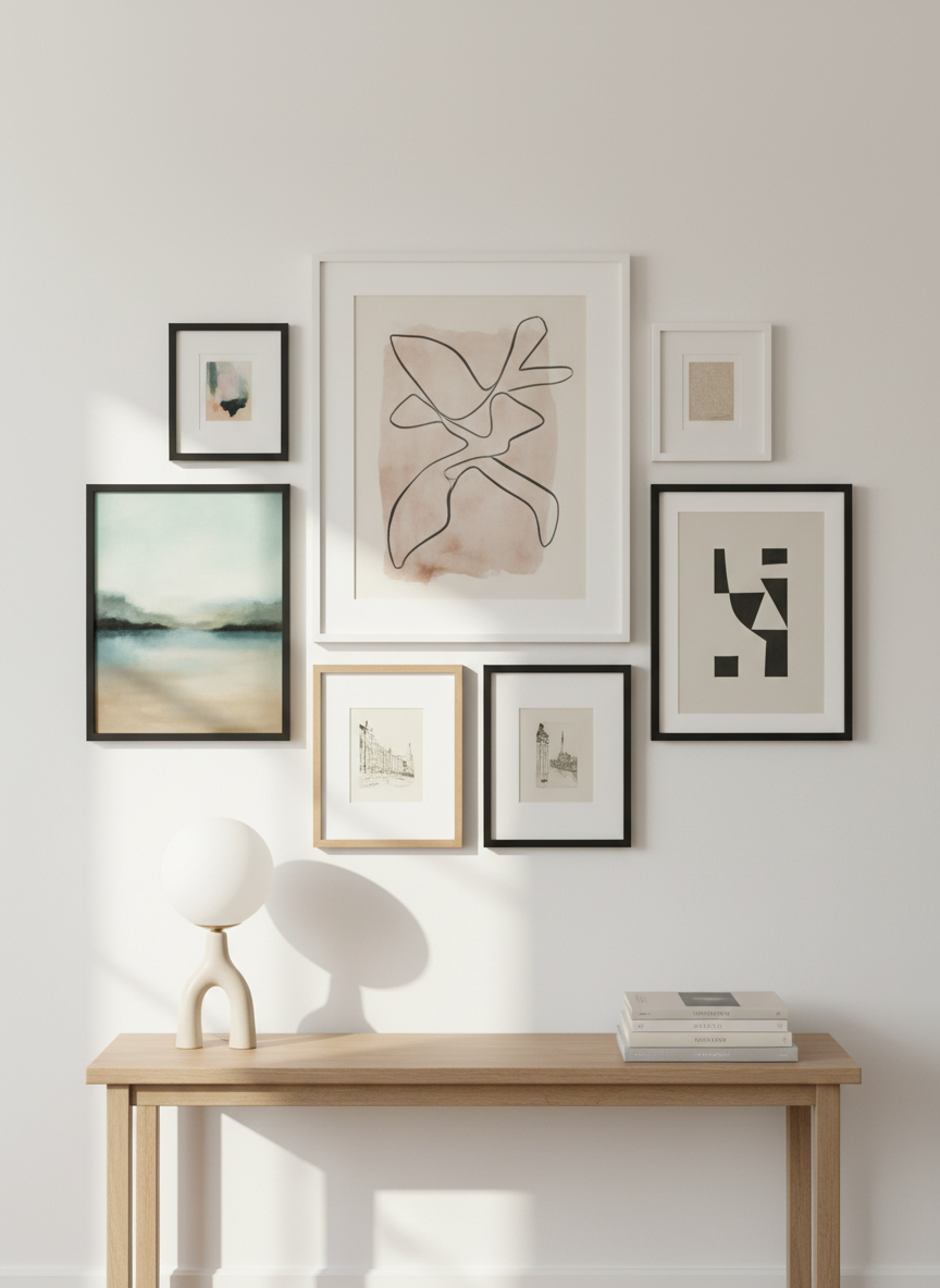 A curated gallery wall of medium-sized framed artworks in black, oak, and white frames is arranged with precise spacing above a slim console table in an entryway. The pieces include an abstract line drawing, a muted landscape, and a minimalist monochrome study, all in a gentle, cohesive palette. A single sculptural lamp and a small stack of art books sit on the console, leaving plenty of negative space. Soft morning light from an unseen side window creates delicate reflections on the glass and gentle shadows along the wall. Captured straight-on with sharp focus throughout, the photographic image feels composed yet inviting, evoking the feeling of coming home to a personal, art-filled sanctuary.