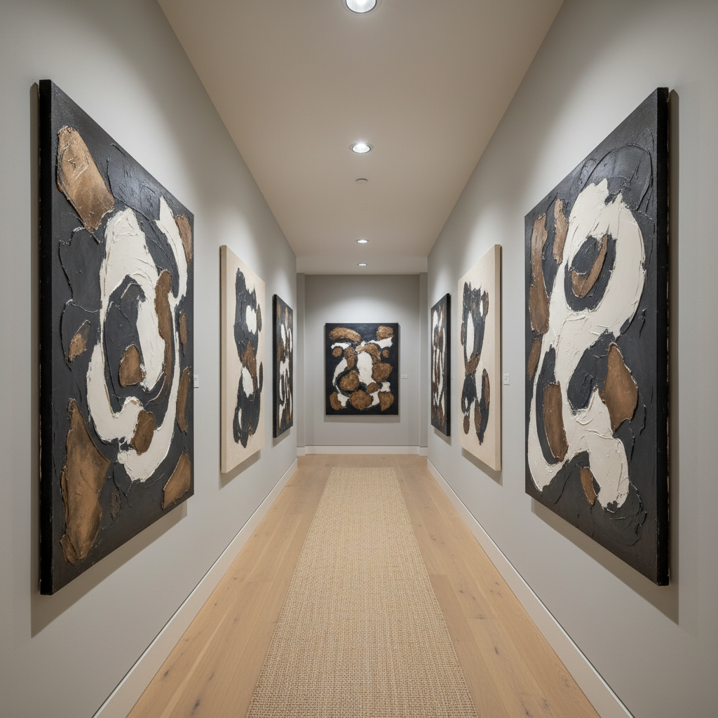 A long hallway in a contemporary home features a series of large, evenly spaced abstract canvases in shades of charcoal, ivory, and soft bronze, each with rich, layered textures and subtle gloss. The artworks align at the same height along a smooth, pale grey wall. A narrow runner in natural fibers extends down the center of the light oak floor, leading the eye forward. Recessed ceiling lights cast warm, focused pools of light onto each piece, creating gentle gradients and refined shadows. Photographed from a low, centered perspective, the image has strong linear depth and symmetry. The atmosphere is refined and gallery-like yet still residential, expressing a sophisticated, museum-at-home feeling in clean photographic realism.