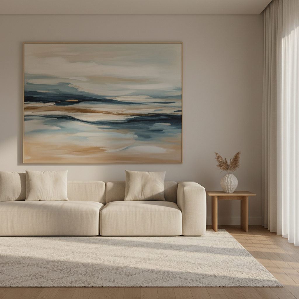 A large, abstract painting with soft, overlapping fields of muted blues, warm taupes, and gentle cream tones hangs above a low-profile linen sofa in a modern living room. The canvas has visible brush texture and a slightly matte finish, catching subtle highlights. The room features a light oak floor, a simple wool rug, and a single ceramic vase on a narrow console, with minimal clutter. Late afternoon natural light filters through sheer curtains, casting calm, elongated shadows. Photographed at eye level with a slightly wide angle, the composition follows the rule of thirds, emphasizing how the art anchors the space. The mood is sophisticated, welcoming, and quietly luxurious, rendered in clean, photographic realism.