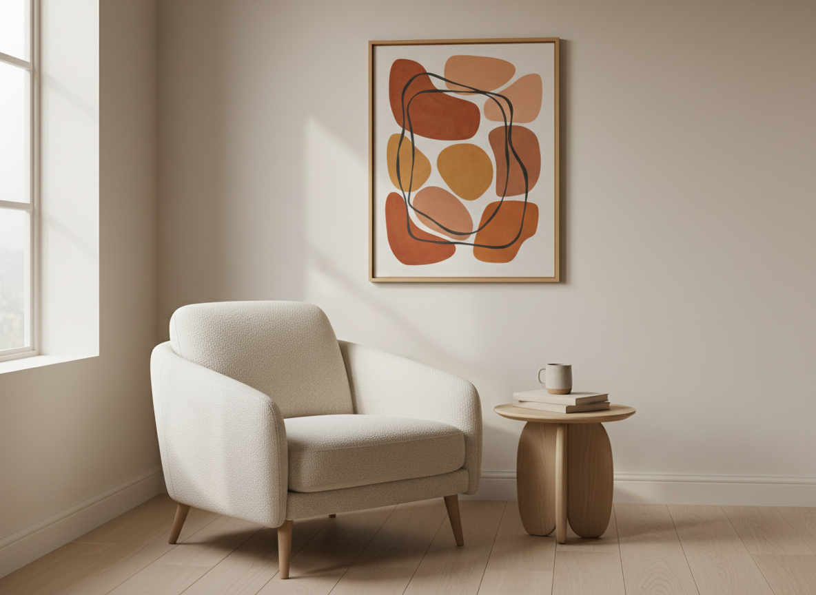A single, medium-sized piece of contemporary art featuring warm terracotta shapes and soft charcoal lines hangs over a small reading nook. Below it, a plush armchair in textured cream fabric sits angled toward a low wooden side table with a simple stoneware mug and a closed book. The wall is painted a gentle warm white, and the floor is pale oak. Diffused overcast daylight enters from the left, giving the scene a serene, even illumination with subtle shadows. Shot from a slightly elevated, three-quarter angle with a shallow depth of field that keeps the artwork in crisp focus while the foreground softens. The photographic composition feels intimate, cozy, and sophisticated, showcasing how art can define a corner of home.