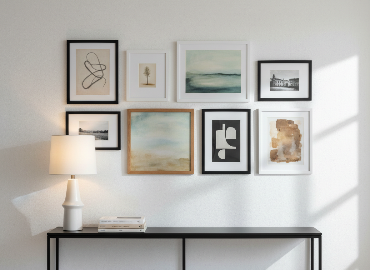 A curated gallery wall of medium-sized framed artworks in black, oak, and white frames is arranged with precise spacing above a slim console table in an entryway. The pieces include an abstract line drawing, a muted landscape, and a minimalist monochrome study, all in a gentle, cohesive palette. A single sculptural lamp and a small stack of art books sit on the console, leaving plenty of negative space. Soft morning light from an unseen side window creates delicate reflections on the glass and gentle shadows along the wall. Captured straight-on with sharp focus throughout, the photographic image feels composed yet inviting, evoking the feeling of coming home to a personal, art-filled sanctuary.